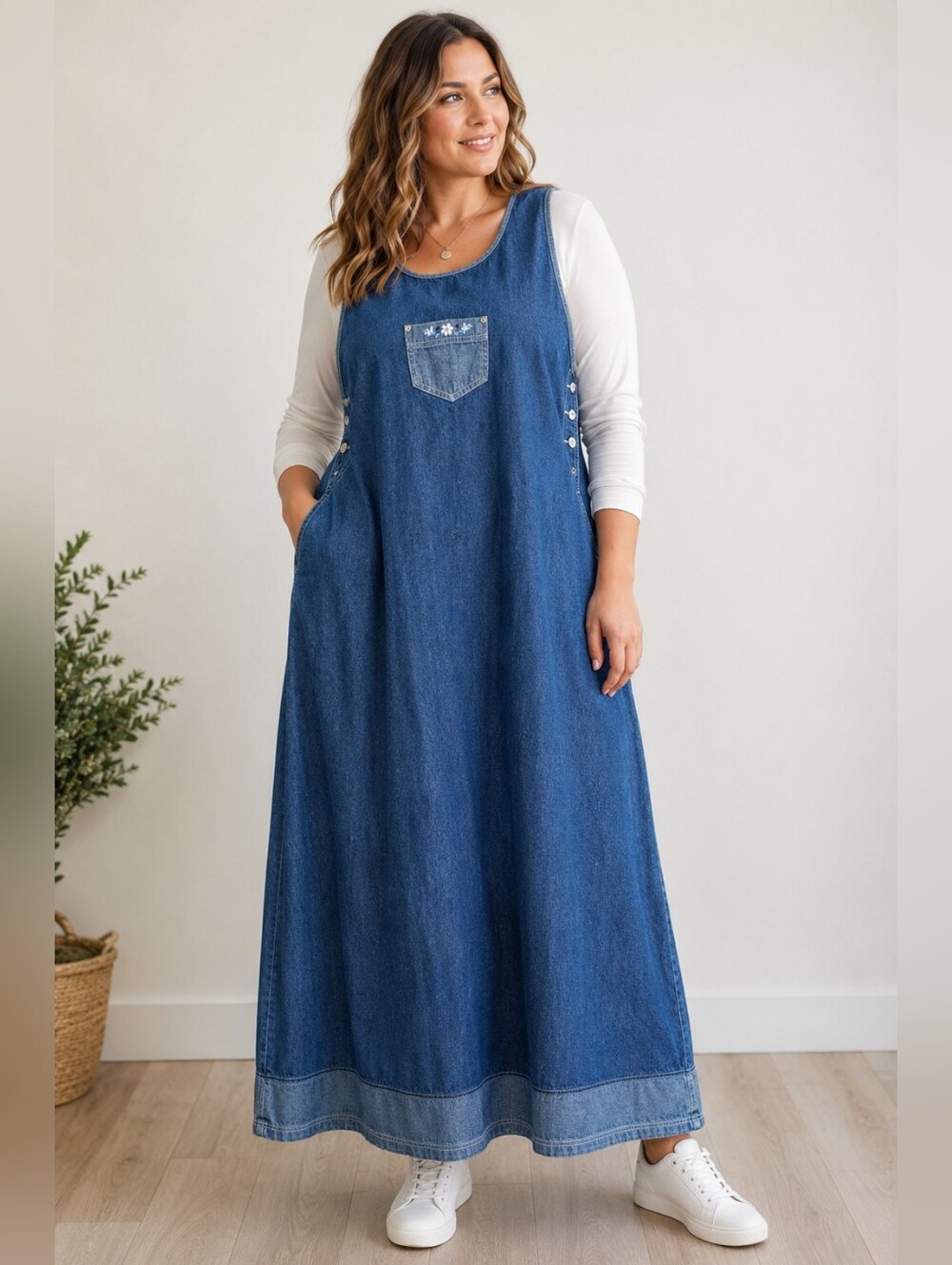 True Blue Vintage Denim Jumper Dress Embroidered Pocket Button Sides Plus 20W